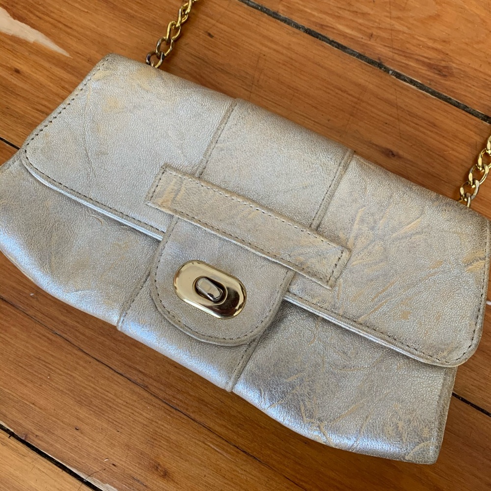 JJ Winters Silver Gold Chain Leather Shoulder Bag
